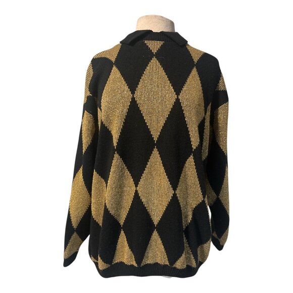 Vintage Alfred Dunner Black & Gold Argyle Knit Sweater | Made in USA | XL | Lure - Picture 3 of 11